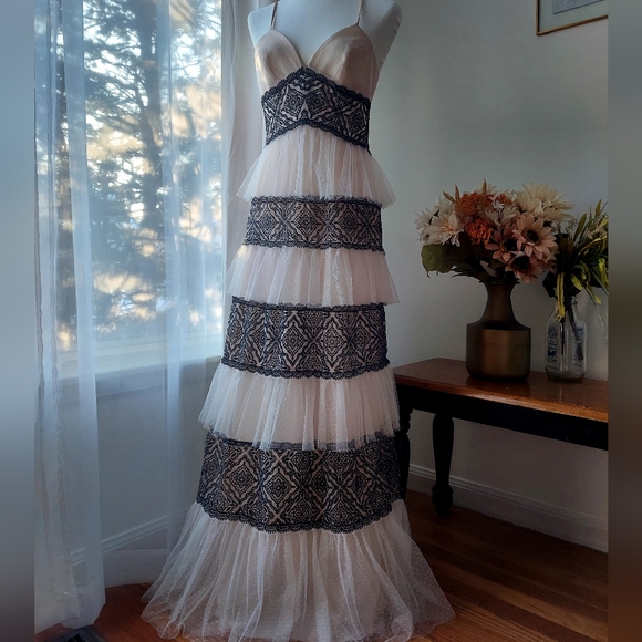 BCBGMaxAzria Dresses & Skirts - BBCBGMAXAZRIA A-Line Blush Pink & Black Lace Tiered Ruffle Maxi Gown, Size 6